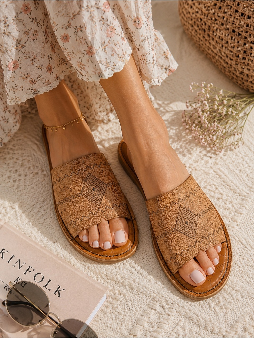 Tony Lama Tan Patterned Slide Sandals